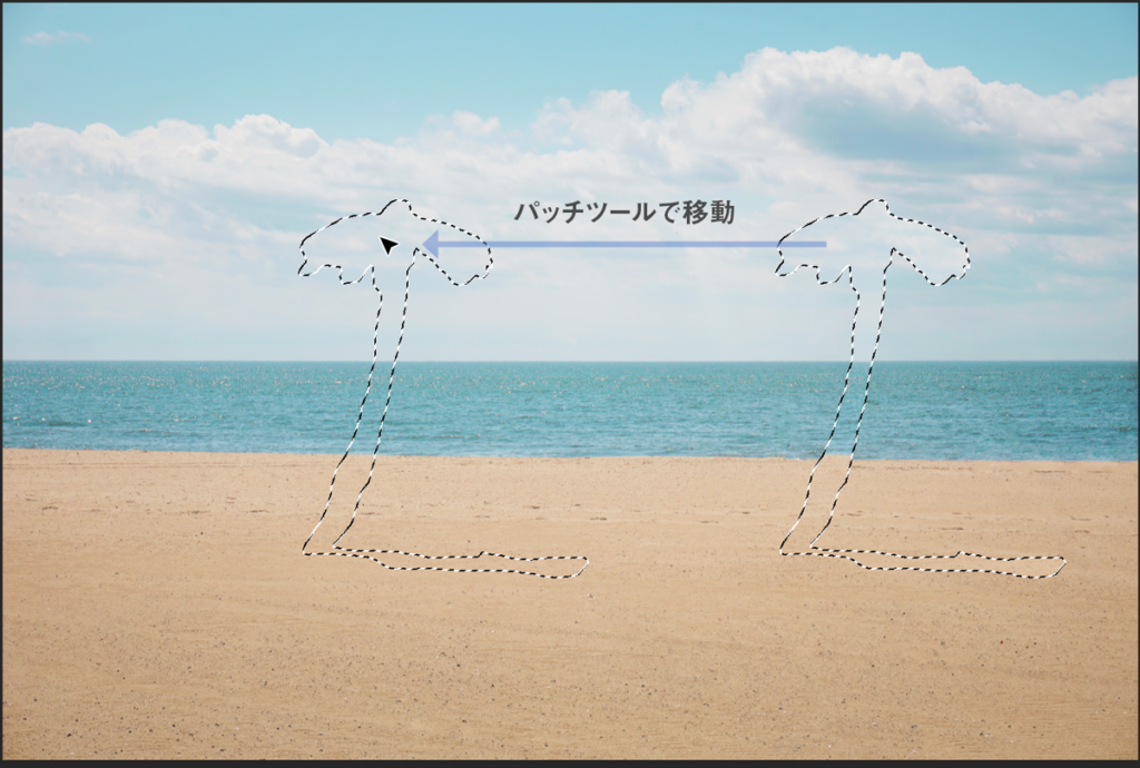 Photoshopのパッチツールで選択範囲を別の場所へドラッグしている画面