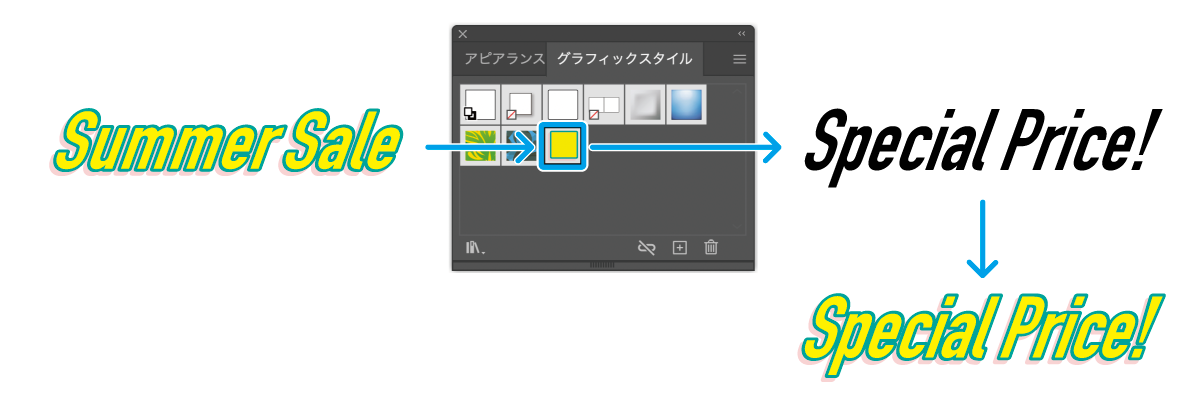 テキストのアピアランスをグラフィックスタイルパネルに登録し、他の文字に適用する手順